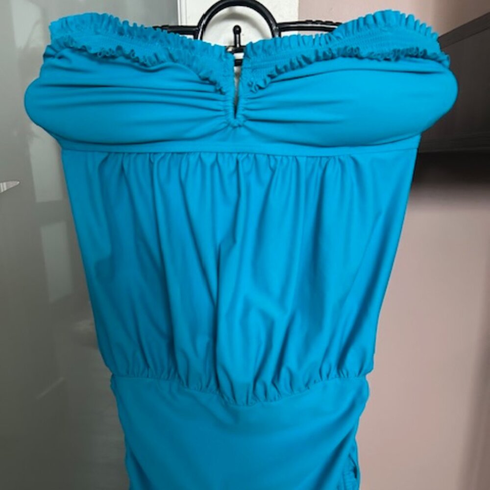 Blue Ruched Off-Shoulder Swim Cover-Up / Long Tankini Top – Size Small